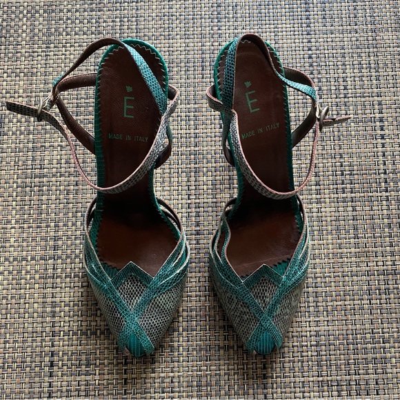 Vintage Shoes - Vintage Green Faux Snakeskin Open Toe Italian Heels